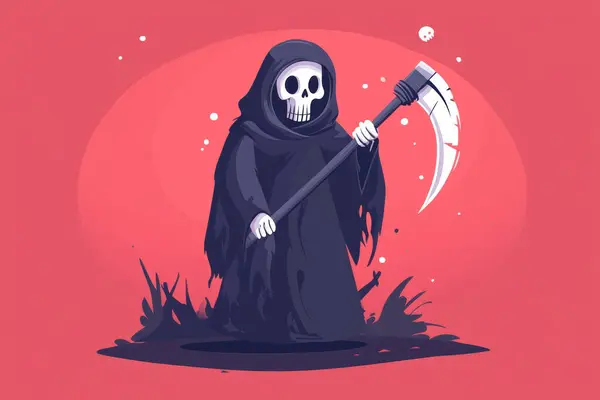 stock image vector halloween illustration of a skeleton with a scyon her head with a scythe on an abstract background.