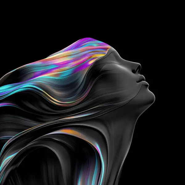 stock image A serene profile of woman with flowing, colorful hair against black background, evoking sense of tranquility and beauty. 