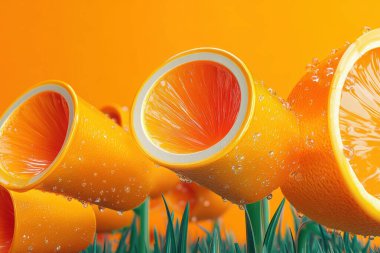 Bright orange cups resembling oranges are scattered among green grass, creating vibrant and playful scene. cups are adorned with droplets of water, enhancing fresh and lively atmosphere. clipart