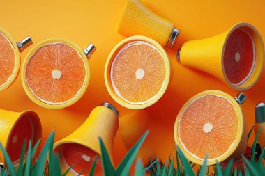 Fresh orange slices and vibrant orange cups are scattered on bright orange background, creating lively and cheerful atmosphere. scene evokes sense of summer and refreshment. clipart