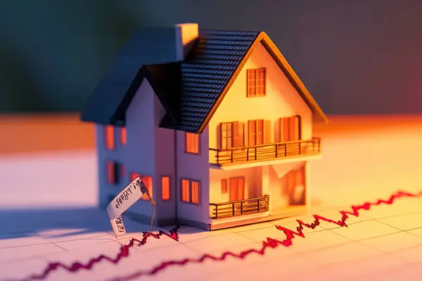 stock image A miniature house with price tag indicating decrease in value is placed on graph showing declining trends. This image symbolizes current real estate market challenges.