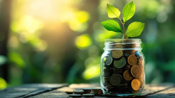 Stock image glass jar filled with coins and small plant growing from it symbolizes financial growth and investment. This image captures essence of nurturing wealth and sustainability.