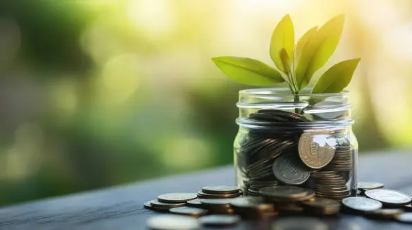 Stock image glass jar filled with coins and small plant growing from top symbolizes growth and investment. This image represents financial prosperity and eco friendly practices.