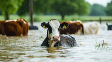 cow wades through knee deep floodwaters, surrounded by other cattle in lush green landscape. scene captures resilience of farm animals in challenging conditions. clipart