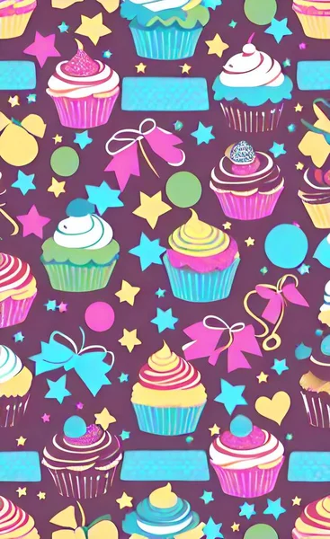 seamless vector pattern with cupcakes, stars, cupcake, cupcake and sweets on a pink background for birthday, wrapping, fabric, wallpaper, fabric.