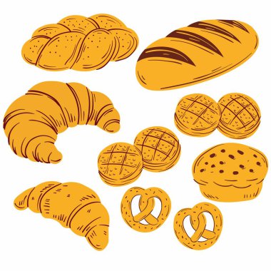 Farklı türde ekmek, kruvasan, kruvasan ve kruvasan. beyaz arkaplanda izole.