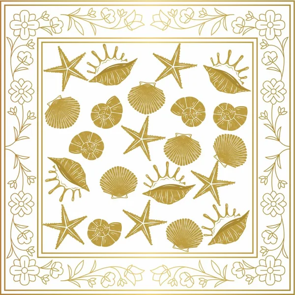 seamless pattern with sea shells. golden frame with sea shells and starfish.