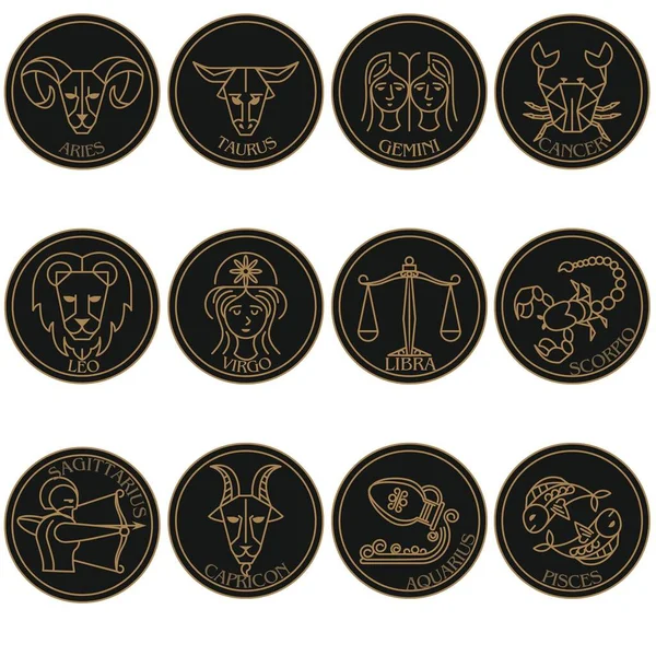Zodiac signs in black and gold on a white background. It has a Latin name with a symbol.