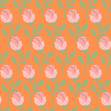 Pembe güller ve turuncu arka planda yeşil yapraklar.