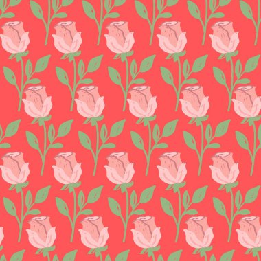 Pembe güller ve pembe arka planda yapraklarla kusursuz desen..