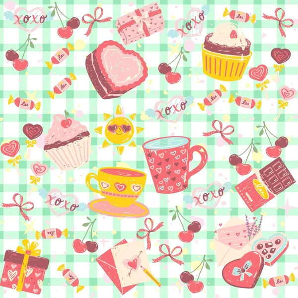 Seamless pattern with cakes and sweets. Cute hand drawn seamless watercolor pattern with sweet cakes, cakes, desserts, cakes and cookies. checkered background