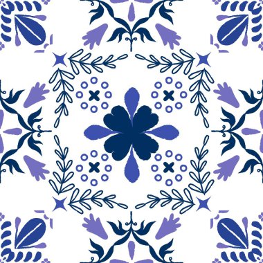 Soyut basit çiçeklerin kusursuz deseni. Mavi ve beyaz geometrik süsler. Ağ, tekstil ve duvar kağıtları için kusursuz desen