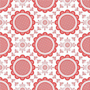 Kırmızı ve beyaz çiçek süsü. Dekoratif elementlerle basit, pürüzsüz desen. Moda baskıları ya da ambalaj kağıdı için güzel bir arkaplan.