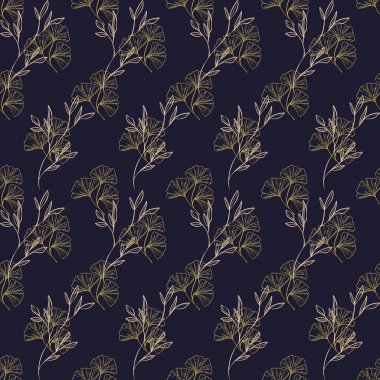 Koyu mavi arka planda altın yapraklı, pürüzsüz bir desen. Çiçekli suluboya desen. Klasik çiçek desenleri. Botanik kusursuz desen. Botanik sanatı. Çiçek botanik koleksiyonu. suluboya botanik tasarım.
