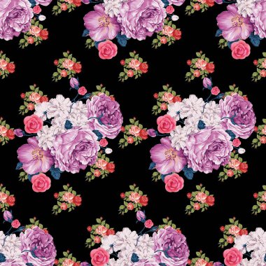 Pembe, pembe, siyah arka planda beyaz güllerin kusursuz deseni..