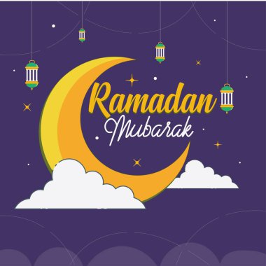 Mor gökyüzünde Ramazan ayı, Ramazan Mübarek, Ramazan Kareem, tipografi şablonu.