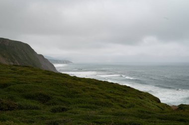 VIew of a green fields and of the far seashore, from the top of the flysch close to Bilbao in the basque country (Spain). Picture taken just after the rain, with  rough sea in a windy day. clipart