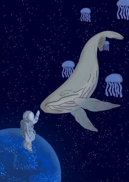 Astronaut Whale Illustration Digital Drawn — Stock Vector
