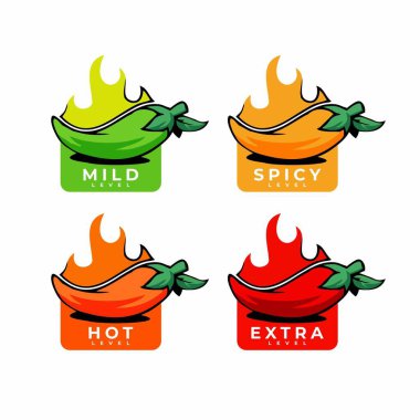 Jalapeno, chili ve alevli kırmızı biberlerin acı baharatlı etiketleri. Baharatlı yiyecek veya sos tat ölçeği göstergeleri, sıcak, ekstra ve hafif tat için yeşil, kırmızı, sarı ve turuncu derecelendirme işaretleri