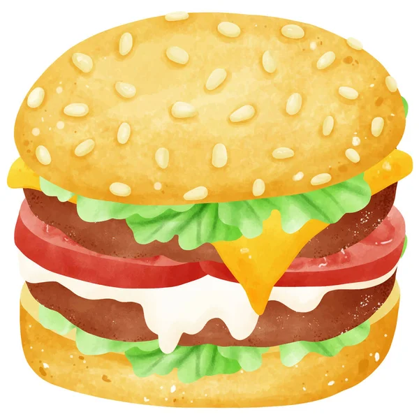 Set Hamburger Drawings Ingredients Watercolor Style — Stock Vector