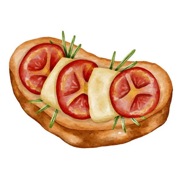 Rostat Bröd Toppat Med Tomater Och Ost Akvarellteckning — Stock vektor