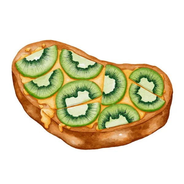 Rostat Bröd Toppat Med Kiwi Det Illustration Akvarell Stil — Stock vektor