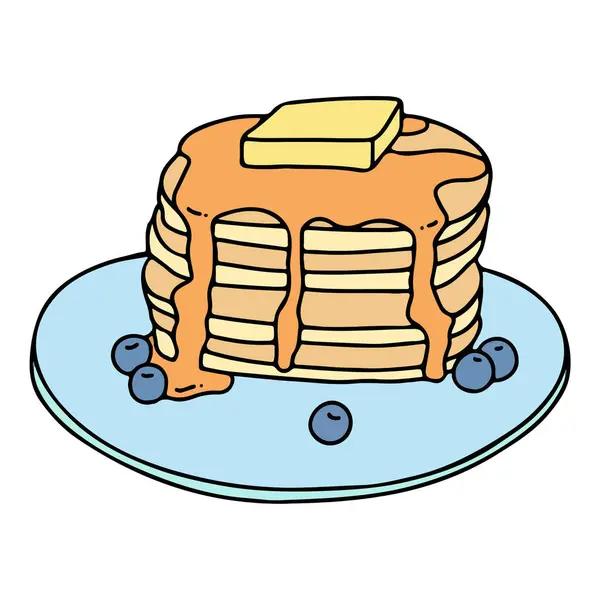 チャーミングでミニマリスティックなパンケーキのイラスト ドリズレッドハニー ジューシーなブルーベリーとバターのドロップで飾られています — ストックベクタ