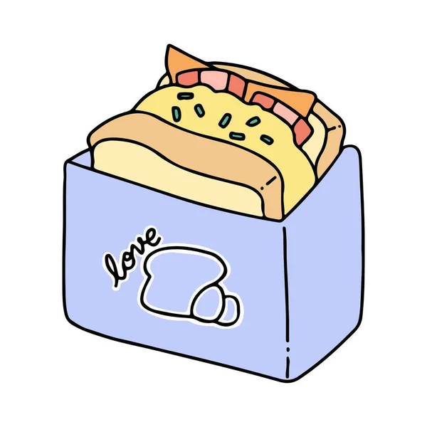 白い背景の紙袋の漫画のサンドイッチ — ストックベクタ
