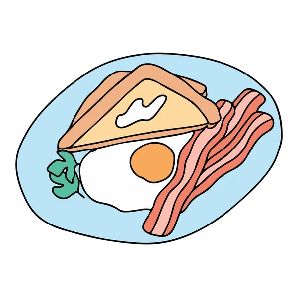 卵とベーコンで朝食を描いたシンプルな落書きスタイルのライン — ストックベクタ