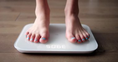 Genç kız ağırlığı ölçmek için beyaz terazide duruyor. Gençler vücut kütlesini, yağları, sağlıklı beslenme düzenini ve zindelik konseptini kontrol eder. Yüksek kalite 4k görüntü