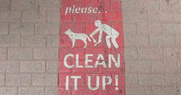 Clean it up after your pet red street sign painted on city pedestrian pavement. Urban warning sign to clean poo after dog or pet to keep city clean.