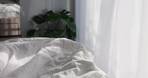 Leichte Brise Schlafzimmerfenster Mit Leichtem Tüll Vorhang Sonnigen Tag Schöne — Stockvideo