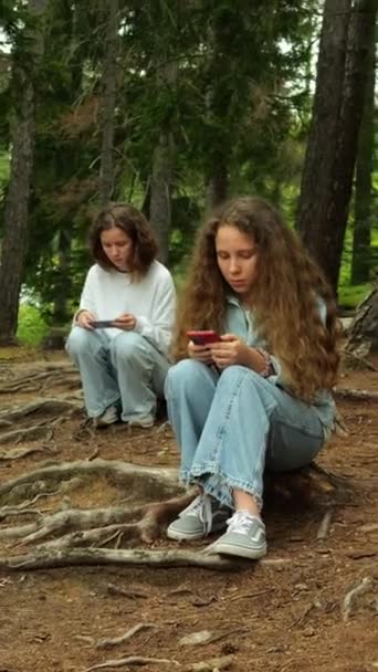 同龄少女使用智能手机在森林拥抱中学习和上课 数码时代的家庭学习和自然融合的快照 垂直录像 — 图库视频影像