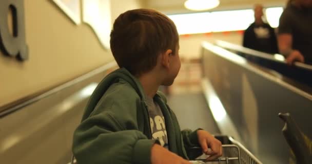 Anaokulu Çocuğu Süpermarketin Kaldırımlarında Alışveriş Arabasında Oturuyor Beş Altı Yaşındaki — Stok video