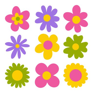 Retro Çiçek, Papatya Çiçeği, Harika Çiçek Vektör Kümesi