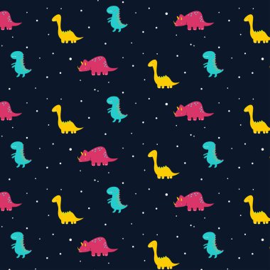 Çocuksu bir şekilde sevimli, kusursuz bir dinozor deseni. Vektör İllüstrasyonu. Kumaş ve tekstil, duvar kağıtları, arka planlar, ev dekorları, posterler, kartlar için kullanılabilir.