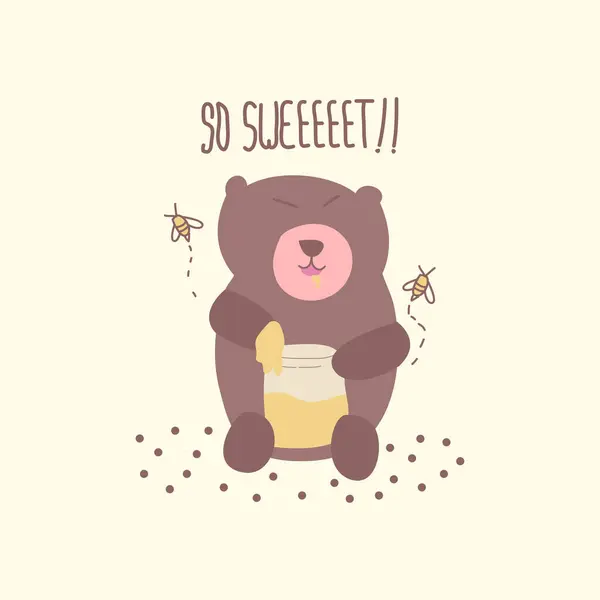 Cute Bear Holding Honey Jar Childish Style Vector Illustration Can — Stock Vector