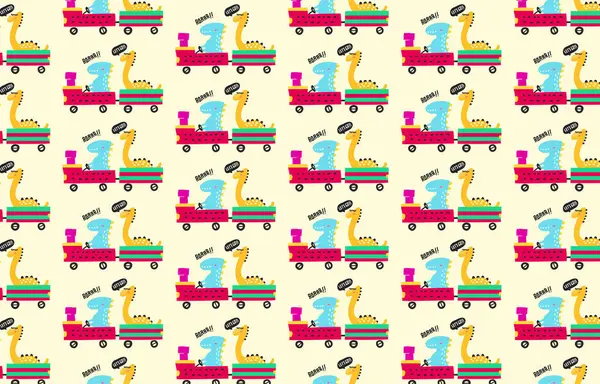 子供っぽいスタイルのミニ列車のシームレスなパターンを乗るかわいい恐竜 ベクターイラスト 生地および織物 家の装飾 ポスター カードに使用することができます — ストックベクタ