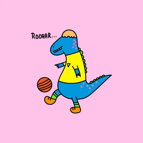 Niedlicher Dinosaurier Spielt Fußball Vektor Design Für Tapete Hintergrund Stoff — Stockvektor