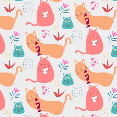 Sevimli elleriyle kedileri çizen kusursuz çocuksu modern model. Kumaş, baskı, tekstil, duvar kağıdı, giysi için