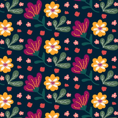 Sevimli el çizimi çiçekli kusursuz çocuksu desen. Kumaş, baskı, tekstil, duvar kağıdı, giysi için