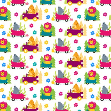 Güzel Hayvanlar kusursuz bir araba kullanıyor. Kumaş, baskı, tekstil ve duvar kağıdı için