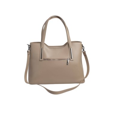 İzole edilmiş beyaz arka planda bej kadın deri çantası.