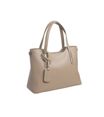 İzole edilmiş beyaz arka planda bej kadın deri çantası.