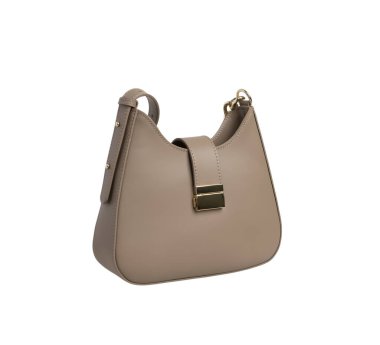 İzole edilmiş beyaz arka planda bej kadın deri çantası. 