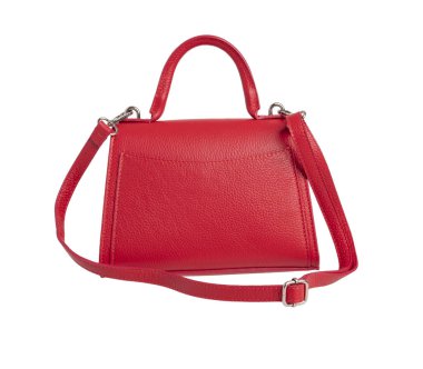 Beyaz arka planda kırmızı kadın deri çantası. 