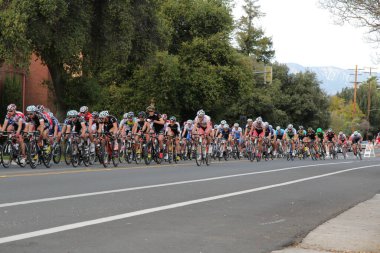 Redlands, California - 24 Mart 2012: Redlands Bisikletçiler 24 Mart 2012 'de Redlands, Kaliforniya' da Olive Avenue 'da yarışa başlıyorlar. İlk yarış 1985 'te yapıldı..