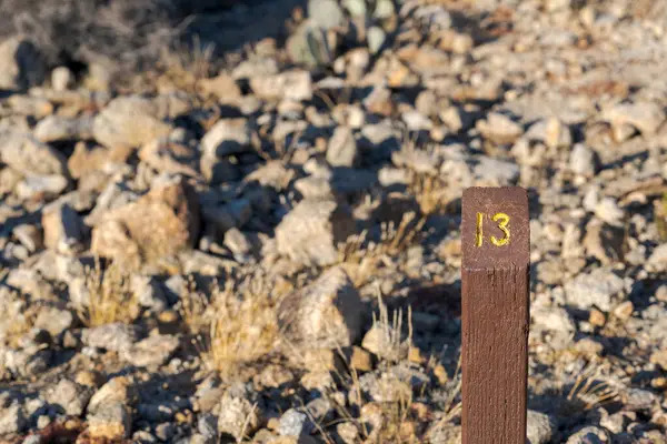 Trail mile marker number thirteen 13 carved on a wooden post and painted yellow with copy space