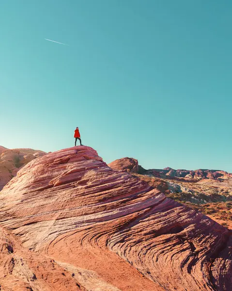 Nevada 'daki Ateş Dalgası Vadisi' ndeki kayanın tepesinde duran adam.