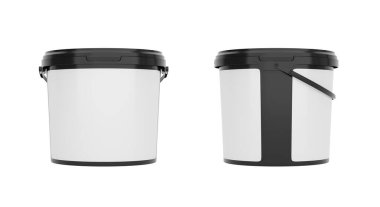 Siyah 5qt - 5l plastik kova, saplı konteynır. Boş etiketli. Ön ve yan görünüm beyaz arkaplanda izole. Gerçekçi ürün paketleme modeli.